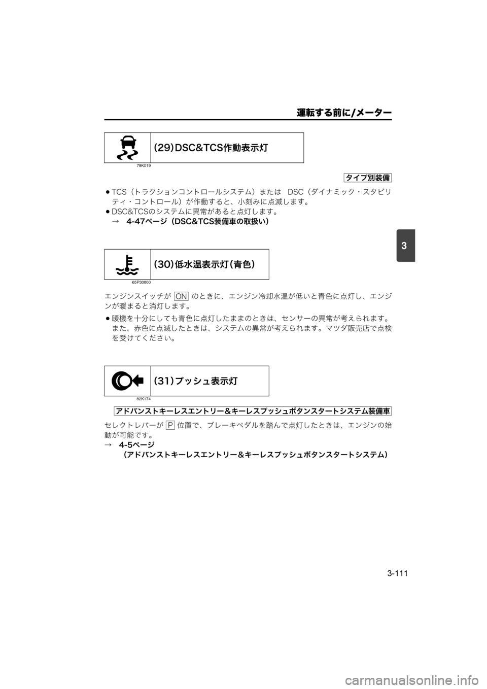 MAZDA MODEL SCRUM VAN / WAGON 2018  取扱説明書 (スクラムバン／ワゴン) (in Japanese) 運転する前に/メーター
3-111
3
TCS（トラクションコントロールシステム）または DSC（ダイナミック・スタビリ
ティ・コントロール）が作動すると