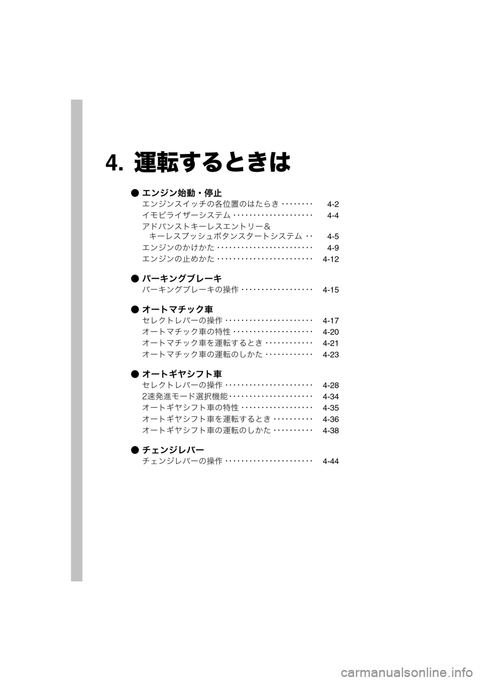 MAZDA MODEL SCRUM VAN / WAGON 2018 取扱説明書 (スクラムバン/ワゴン) (in Japanese) 4.運転するときは
● エンジン始動・停止
エンジンスイッチの各位置のはたらき ・・・・・・・・4-2
イモビライザーシステム ・・・・・・・・・・ MAZDA MODEL SCRUM VAN / WAGON 2018 取扱説明書 (スクラムバン/ワゴン) (in Japanese) 4.運転するときは
● エンジン始動・停止
エンジンスイッチの各位置のはたらき ・・・・・・・・4-2
イモビライザーシステム ・・・・・・・・・・