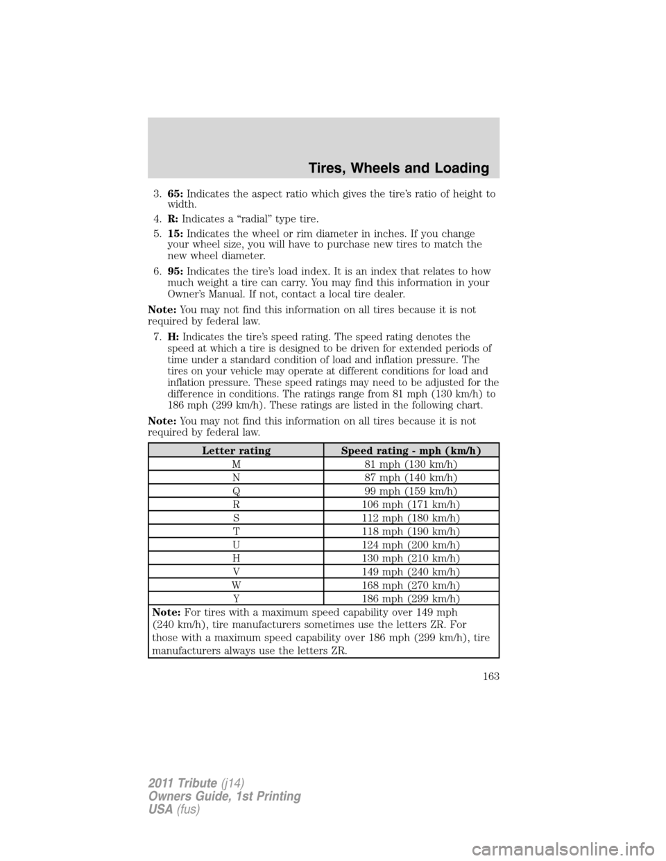 MAZDA MODEL TRIBUTE 2011 Owners Manual (in English) 3.65:Indicates the aspect ratio which gives the tire’s ratio of height to
width.
4.R:Indicates a “radial” type tire.
5.15:Indicates the wheel or rim diameter in inches. If you change
your wheel MAZDA MODEL TRIBUTE 2011 Owners Manual (in English) 3.65:Indicates the aspect ratio which gives the tire’s ratio of height to
width.
4.R:Indicates a “radial” type tire.
5.15:Indicates the wheel or rim diameter in inches. If you change
your wheel