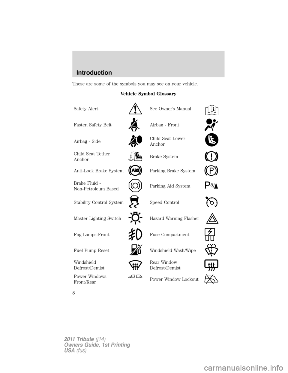 MAZDA MODEL TRIBUTE 2011  Owners Manual (in English) These are some of the symbols you may see on your vehicle.
Vehicle Symbol Glossary
Safety Alert
See Owner’s Manual
Fasten Safety BeltAirbag - Front
Airbag - SideChild Seat Lower
Anchor
Child Seat Te