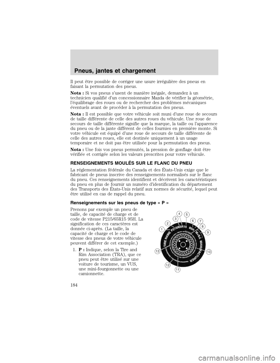 MAZDA MODEL TRIBUTE 2010 Manuel du propriétaire (in French) Il peut être possible de corriger une usure irrégulière des pneus en
faisant la permutation des pneus.
Nota :Si vos pneus s’usent de manière inégale, demandez à un
technicien qualifié d’un MAZDA MODEL TRIBUTE 2010 Manuel du propriétaire (in French) Il peut être possible de corriger une usure irrégulière des pneus en
faisant la permutation des pneus.
Nota :Si vos pneus s’usent de manière inégale, demandez à un
technicien qualifié d’un