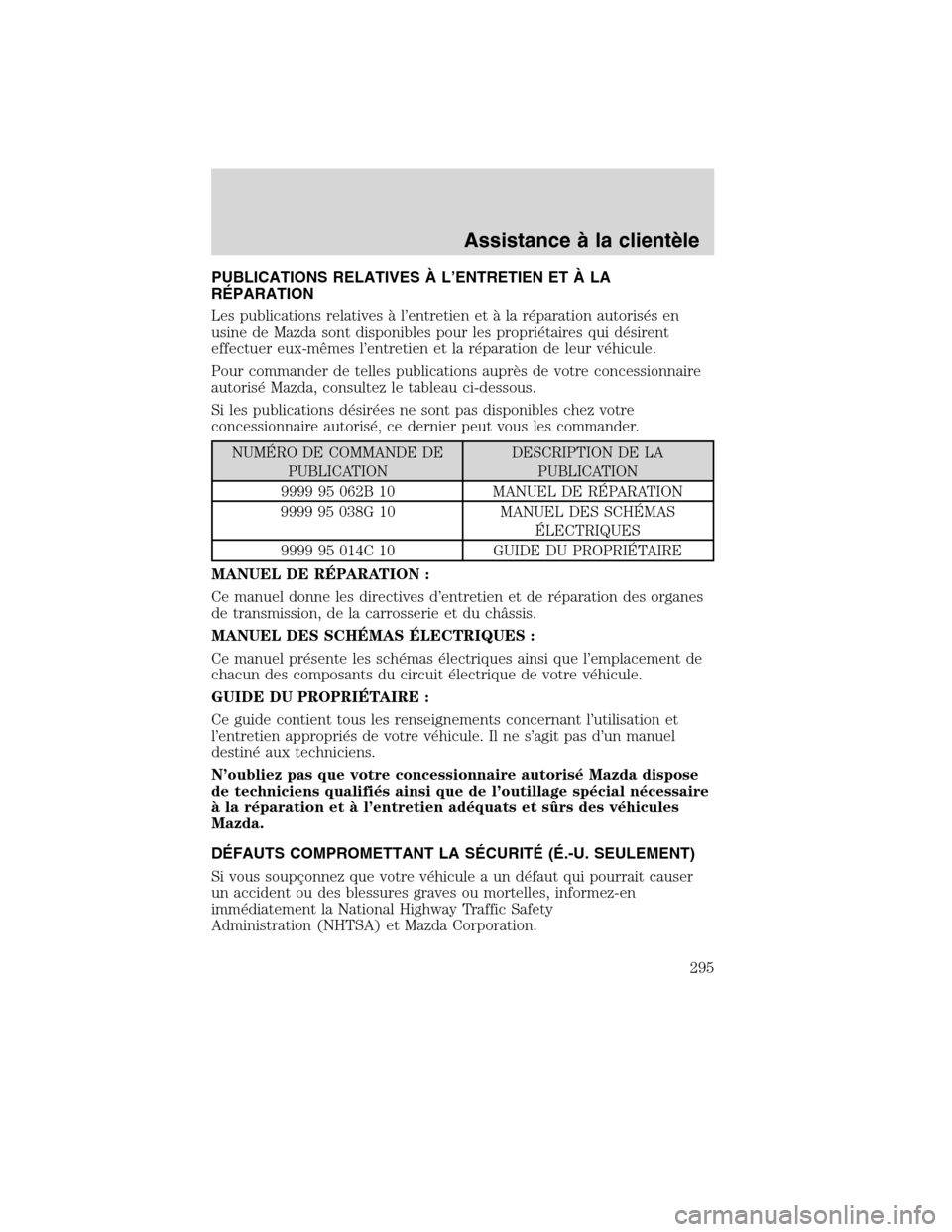 MAZDA MODEL TRIBUTE 2010 Manuel du propriétaire (in French) PUBLICATIONS RELATIVES À L’ENTRETIEN ET À LA
RÉPARATION
Les publications relatives à l’entretien et à la réparation autorisés en
usine de Mazda sont disponibles pour les propriétaires qui MAZDA MODEL TRIBUTE 2010 Manuel du propriétaire (in French) PUBLICATIONS RELATIVES À L’ENTRETIEN ET À LA
RÉPARATION
Les publications relatives à l’entretien et à la réparation autorisés en
usine de Mazda sont disponibles pour les propriétaires qui