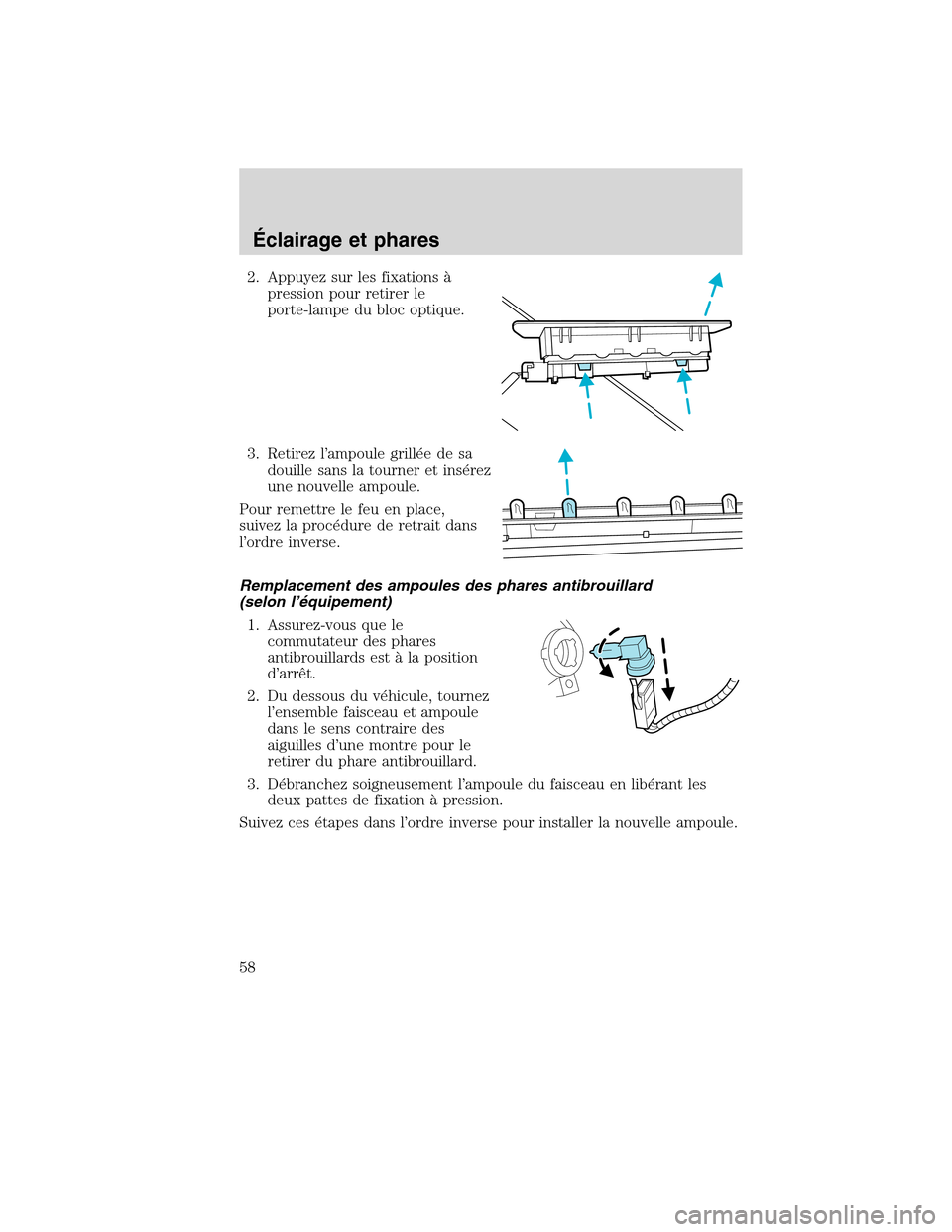 MAZDA MODEL TRIBUTE 2010  Manuel du propriétaire (in French) 2. Appuyez sur les fixations à
pression pour retirer le
porte-lampe du bloc optique.
3. Retirez l’ampoule grillée de sa
douille sans la tourner et insérez
une nouvelle ampoule.
Pour remettre le f