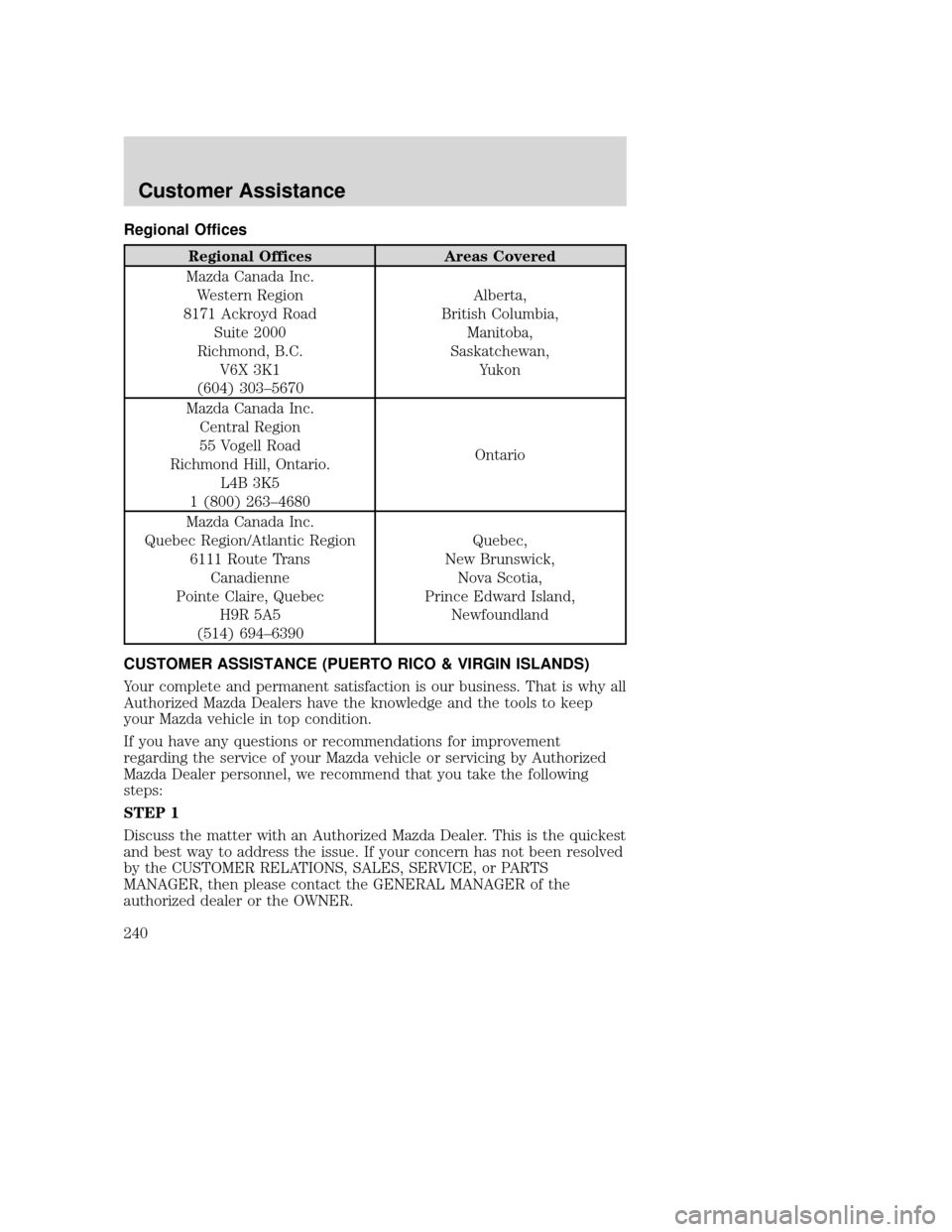 MAZDA MODEL TRIBUTE 2009 Owners Manual (in English) Regional Offices
Regional OfficesAreas Covered
Mazda Canada Inc. Western Region
8171 Ackroyd Road Suite 2000
Richmond, B.C. V6X 3K1
(604) 303–5670 Alberta,
British Columbia, Manitoba,
Saskatchewan, MAZDA MODEL TRIBUTE 2009 Owners Manual (in English) Regional Offices
Regional OfficesAreas Covered
Mazda Canada Inc. Western Region
8171 Ackroyd Road Suite 2000
Richmond, B.C. V6X 3K1
(604) 303–5670 Alberta,
British Columbia, Manitoba,
Saskatchewan,