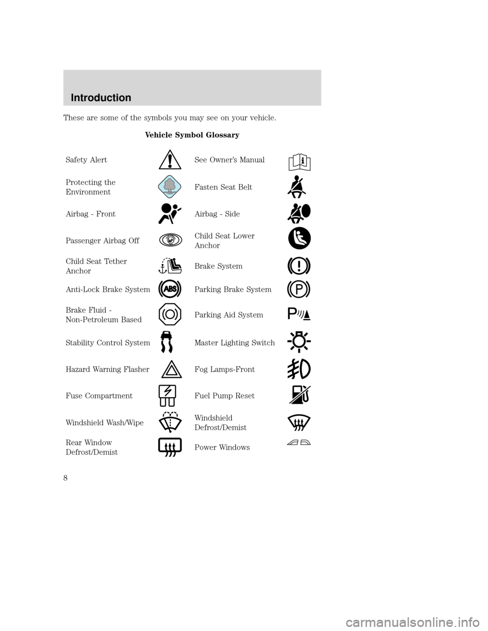 MAZDA MODEL TRIBUTE 2009  Owners Manual (in English) These are some of the symbols you may see on your vehicle.Vehicle Symbol Glossary
Safety Alert
See Owner’s Manual
Protecting the
EnvironmentFasten Seat Belt
Airbag - FrontAirbag - Side
Passenger Air