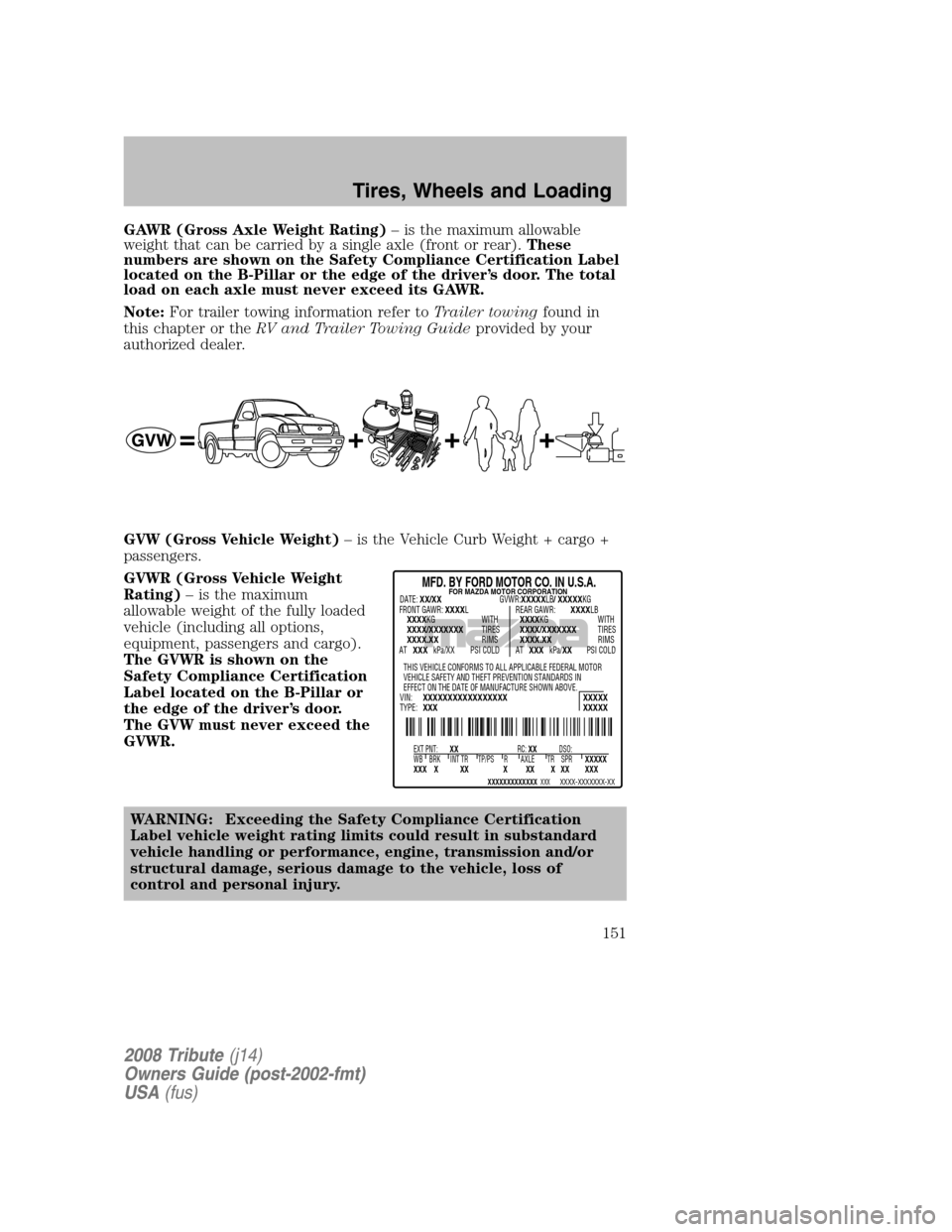 MAZDA MODEL TRIBUTE 2008  Owners Manual (in English) GAWR (Gross Axle Weight Rating)– is the maximum allowable 
weight that can be carried by a single axle (front or rear).  These 
numbers are shown on the Safety Compliance Certification Label
located