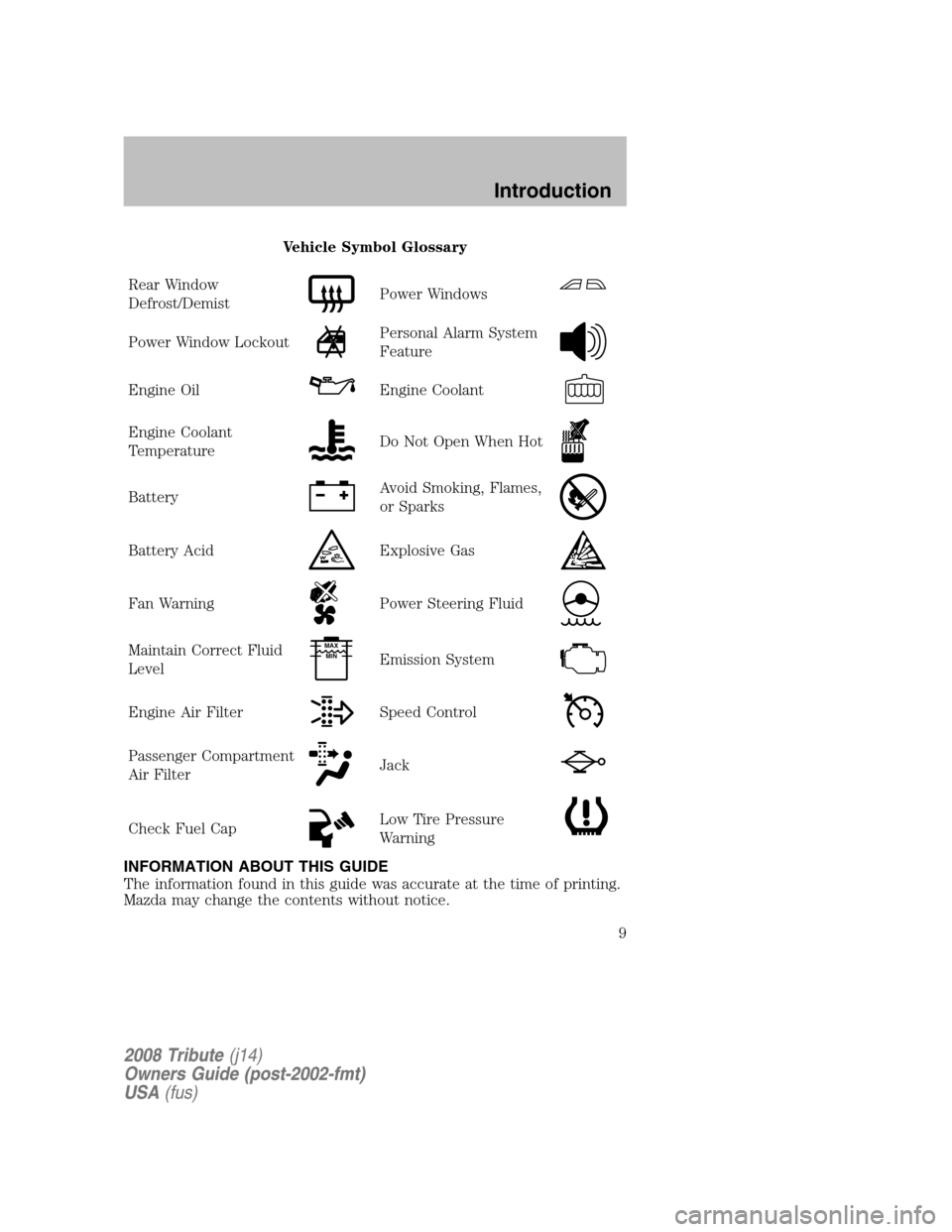 MAZDA MODEL TRIBUTE 2008  Owners Manual (in English) Vehicle Symbol Glossary 
Rear Window 
Defrost/Demist
Power Windows
Power Window LockoutPersonal Alarm System
Feature
Engine OilEngine Coolant
Engine Coolant
TemperatureDo Not Open When Hot
BatteryAvoi