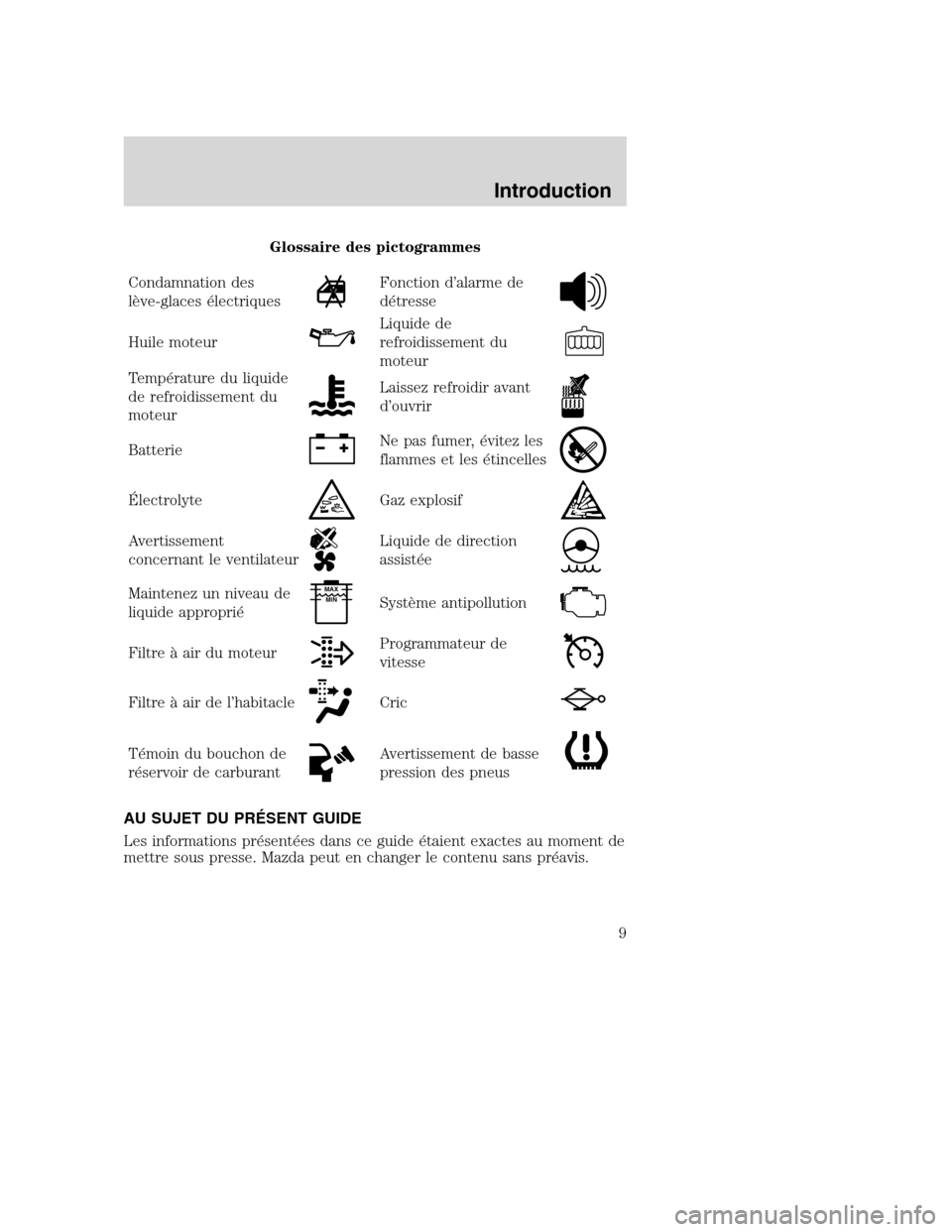 MAZDA MODEL TRIBUTE 2008 Manuel du propriétaire (in French) Glossaire des pictogrammes
Condamnation des
lève-glaces électriques
Fonction d’alarme de
détresse
Huile moteur
Liquide de
refroidissement du
moteur
Température du liquide
de refroidissement du
m MAZDA MODEL TRIBUTE 2008 Manuel du propriétaire (in French) Glossaire des pictogrammes
Condamnation des
lève-glaces électriques
Fonction d’alarme de
détresse
Huile moteur
Liquide de
refroidissement du
moteur
Température du liquide
de refroidissement du
m