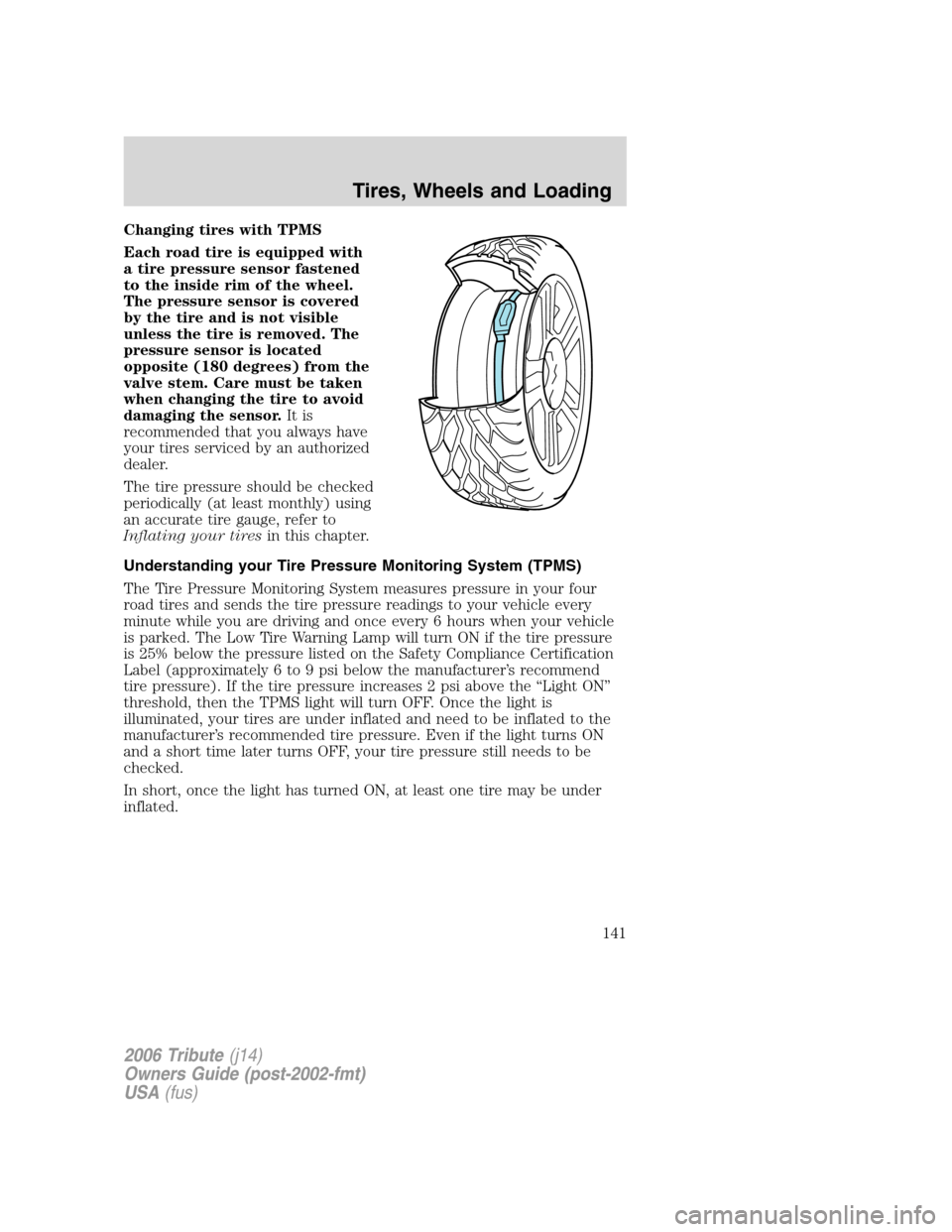 MAZDA MODEL TRIBUTE 2006   (in English) Owners Manual Changing tires with TPMS
Each road tire is equipped with
a tire pressure sensor fastened
to the inside rim of the wheel.
The pressure sensor is covered
by the tire and is not visible
unless the tire i