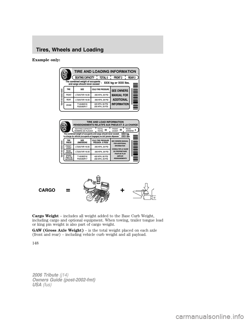 MAZDA MODEL TRIBUTE 2006  Owners Manual (in English) Example only:
Cargo Weight– includes all weight added to the Base Curb Weight,
including cargo and optional equipment. When towing, trailer tongue load
or king pin weight is also part of cargo weigh