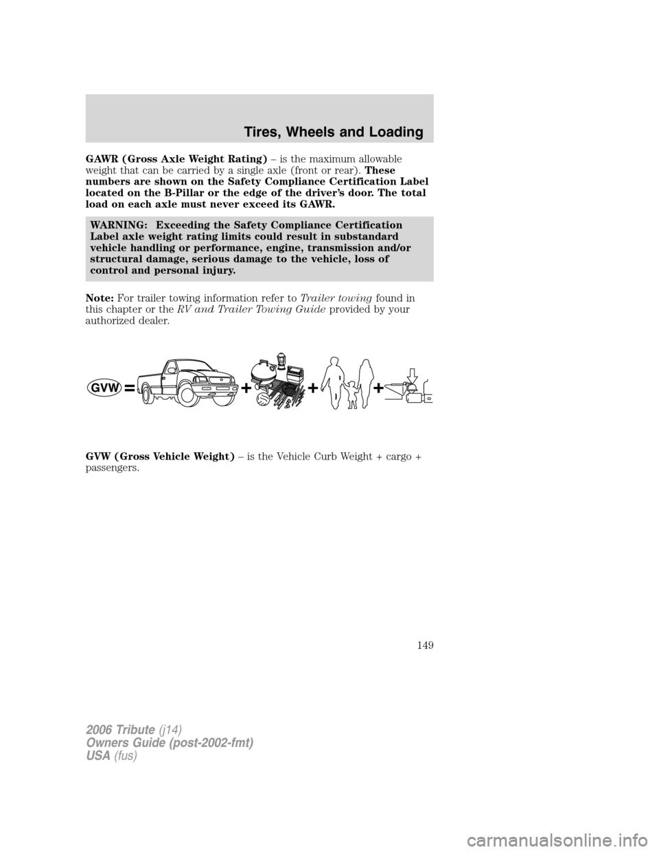 MAZDA MODEL TRIBUTE 2006  Owners Manual (in English) GAWR (Gross Axle Weight Rating)– is the maximum allowable
weight that can be carried by a single axle (front or rear).These
numbers are shown on the Safety Compliance Certification Label
located on 