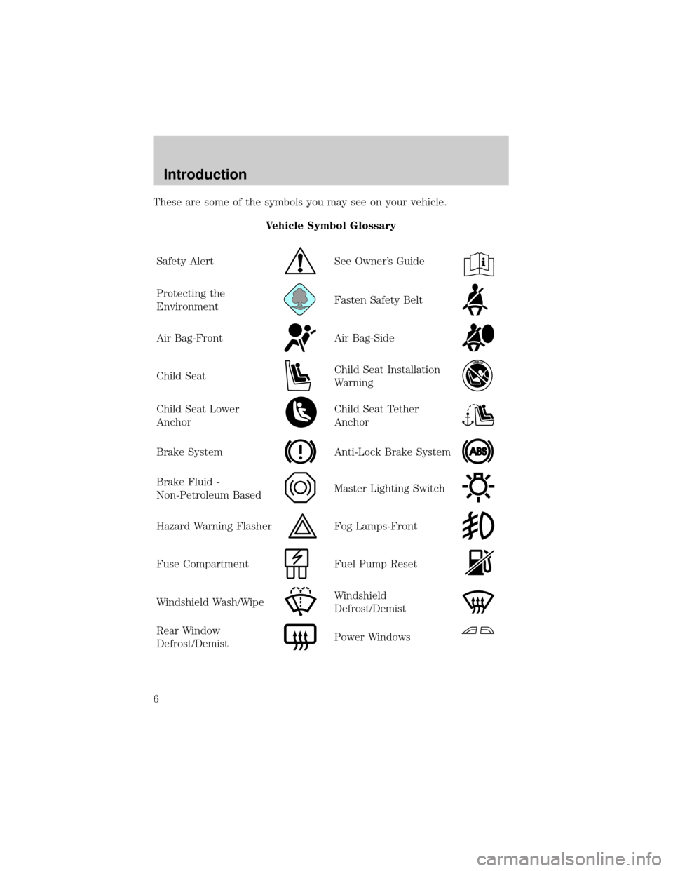 MAZDA MODEL TRIBUTE 2004  Owners Manual (in English) These are some of the symbols you may see on your vehicle.
Vehicle Symbol Glossary
Safety Alert
See Owners Guide
Protecting the
EnvironmentFasten Safety Belt
Air Bag-FrontAir Bag-Side
Child SeatChild