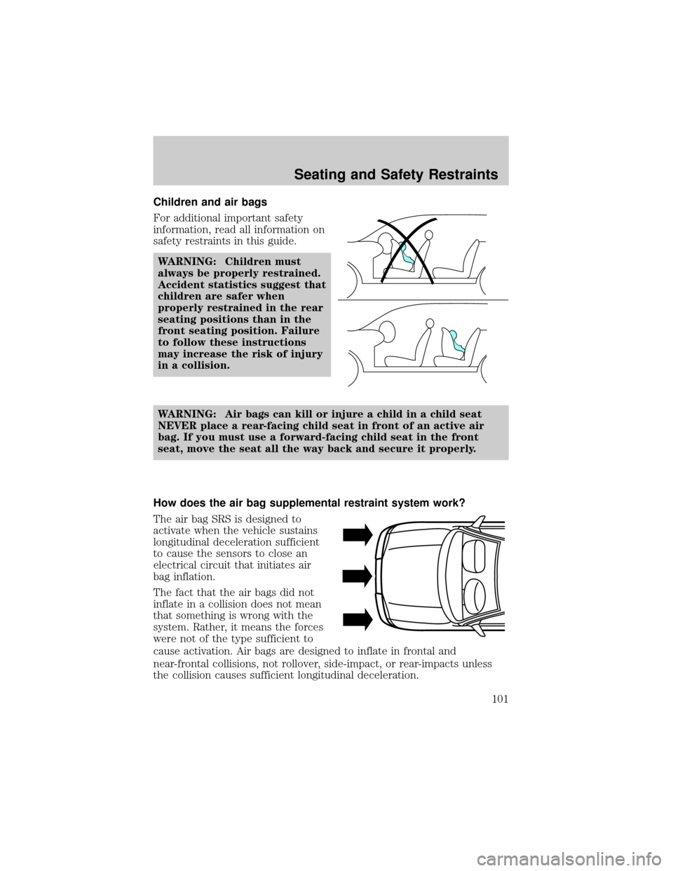 MAZDA MODEL TRIBUTE 2003  Owners Manual (in English) Children and air bags
For additional important safety
information, read all information on
safety restraints in this guide.
WARNING: Children must
always be properly restrained.
Accident statistics su