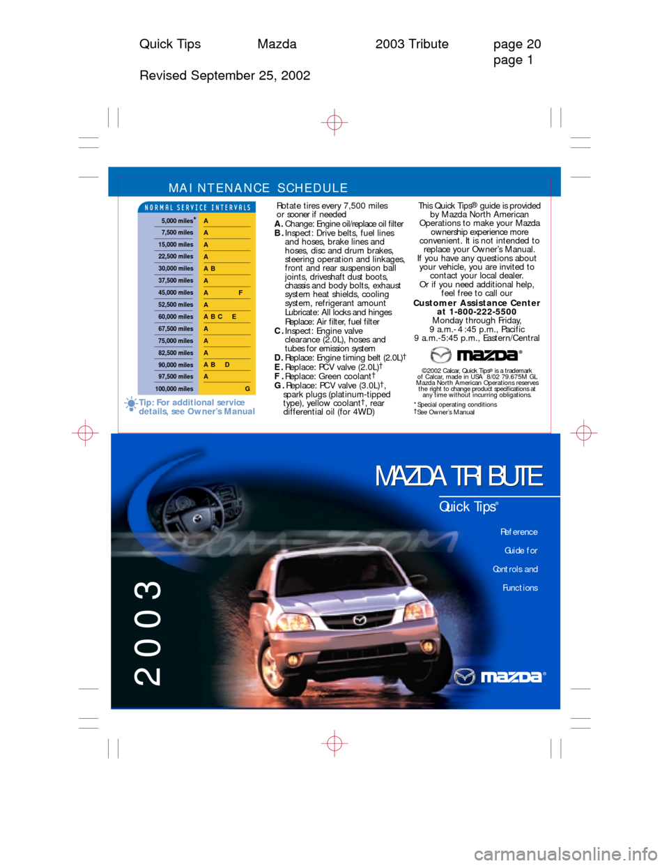 MAZDA MODEL TRIBUTE 2003  Quick Tips (in English) Quick Tips Mazda 2003 Tribute page 20
page 1
Revised September 25, 2002
MAINTENANCE SCHEDULE 
Rotate tires every 7,500 miles 
o r  sooner if needed
A.Change: Engine oil/replace oil filter
B.Inspect: D