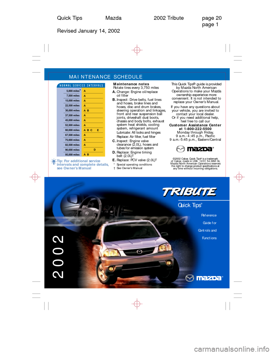 MAZDA MODEL TRIBUTE 2002  Quick Tips (in English) Quick Tips Mazda 2002 Tribute page 20
page 1
Revised January 14, 2002
MAINTENANCE SCHEDULE 
Maintenance notes
Rotate tires every 3,750 miles
A.Change: Engine oil/replace 
oil filter
B.Inspect: Drive b