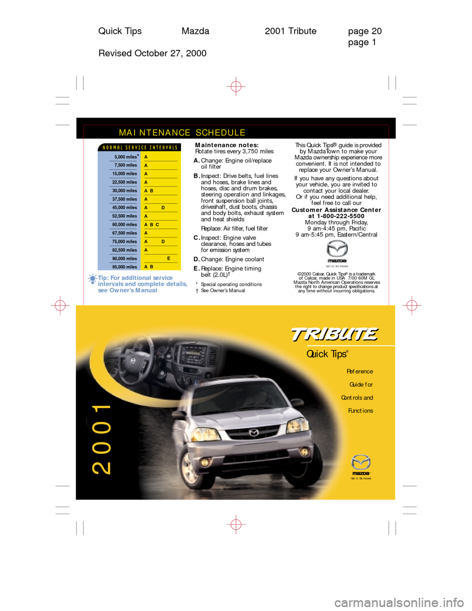 MAZDA MODEL TRIBUTE 2001  Quick Tips (in English) Quick Tips Mazda 2001 Tribute page 20
page 1
Revised October 27, 2000
MAINTENANCE SCHEDULE 
Maintenance notes:
Rotate tires every 3,750 miles
A.Change: Engine oil/replace 
oil filter
B.Inspect: Drive 