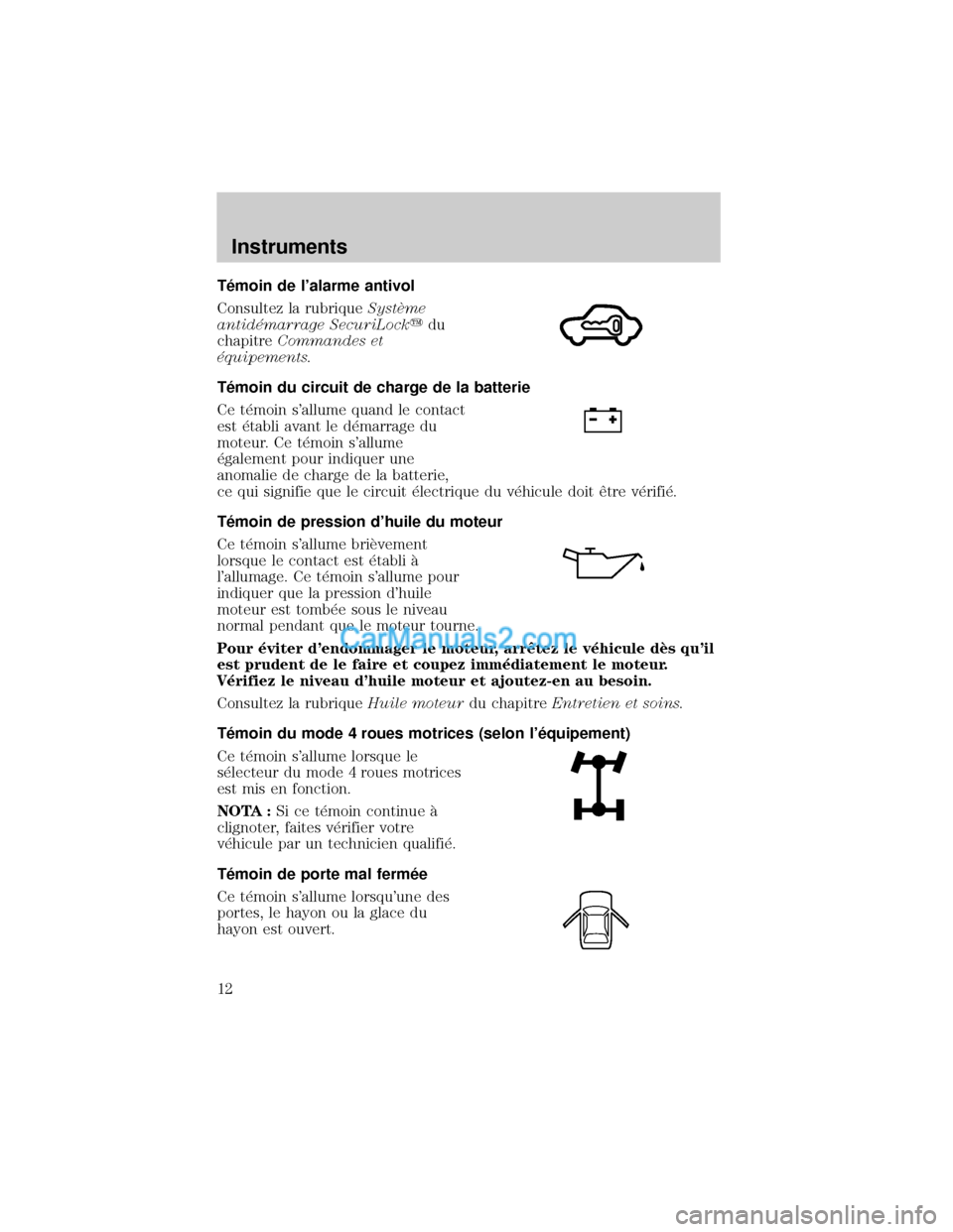 MAZDA MODEL TRIBUTE 2001  Manuel du propriétaire (in French) T×moin de lalarme antivol
Consultez la rubriqueSystÖme
antid×marrage SecuriLockydu
chapitreCommandes et
×quipements.
T×moin du circuit de charge de la batterie
Ce t×moin sallume quand le conta