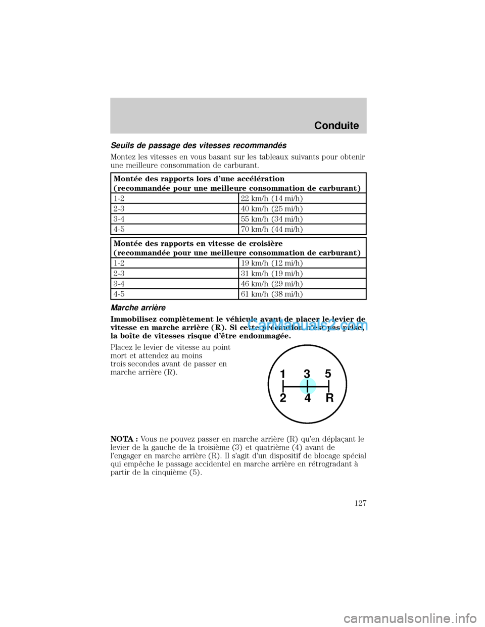 MAZDA MODEL TRIBUTE 2001  Manuel du propriétaire (in French) Seuils de passage des vitesses recommand×s
Montez les vitesses en vous basant sur les tableaux suivants pour obtenir
une meilleure consommation de carburant.
Mont×e des rapports lors dune acc×l×r