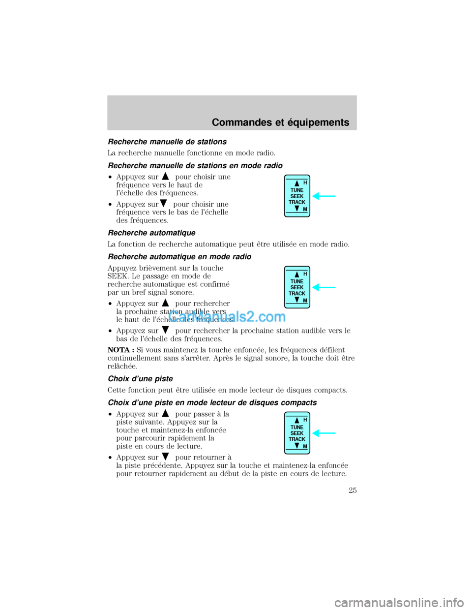 MAZDA MODEL TRIBUTE 2001  Manuel du propriétaire (in French) Recherche manuelle de stations
La recherche manuelle fonctionne en mode radio.
Recherche manuelle de stations en mode radio
²Appuyez surpour choisir une
fr×quence vers le haut de
l×chelle des fr×