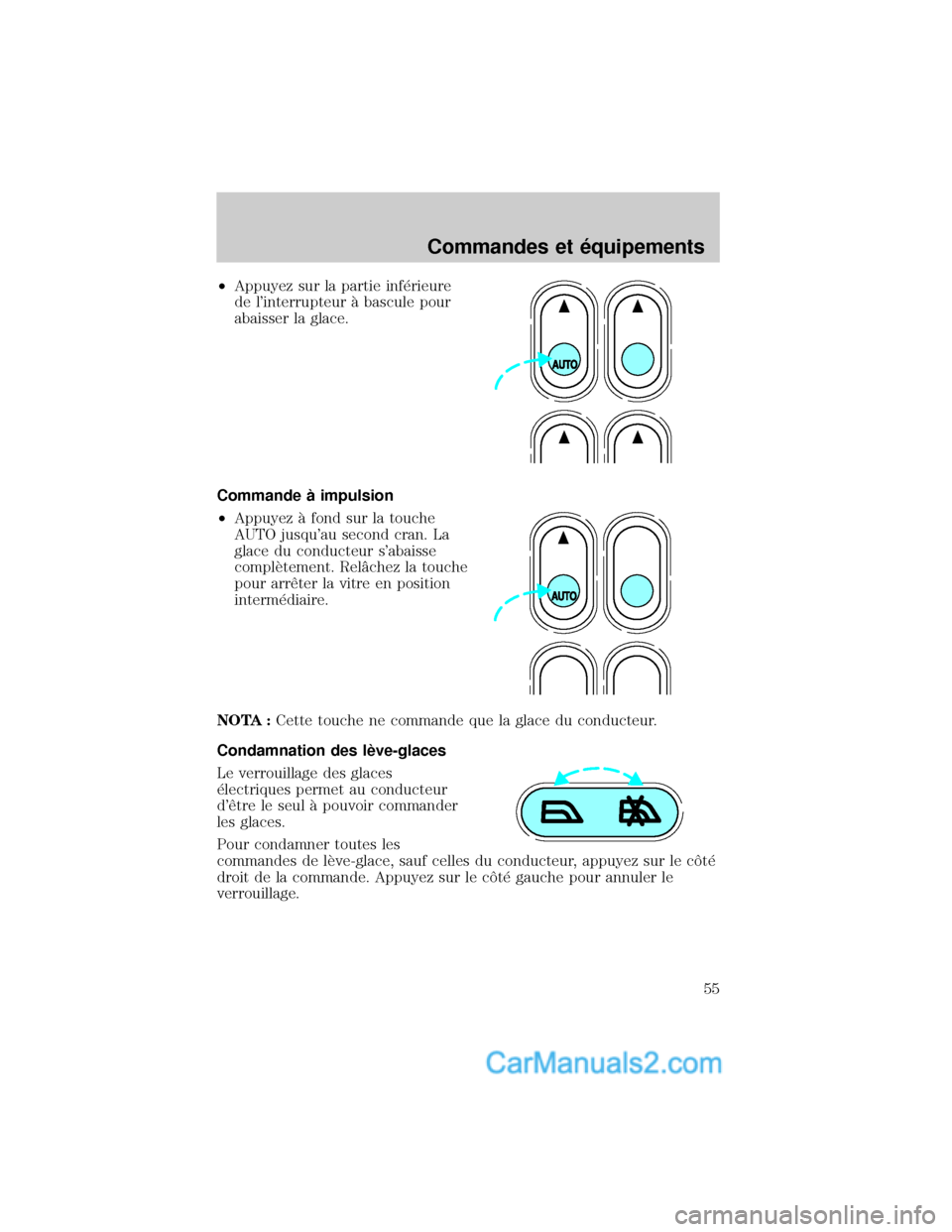 MAZDA MODEL TRIBUTE 2001 Manuel du propriétaire (in French) ²Appuyez sur la partie inf×rieure
de linterrupteur ° bascule pour
abaisser la glace.
Commande ° impulsion
²Appuyez ° fond sur la touche
AUTO jusquau second cran. La
glace du conducteur sabais MAZDA MODEL TRIBUTE 2001 Manuel du propriétaire (in French) ²Appuyez sur la partie inf×rieure
de linterrupteur ° bascule pour
abaisser la glace.
Commande ° impulsion
²Appuyez ° fond sur la touche
AUTO jusquau second cran. La
glace du conducteur sabais
