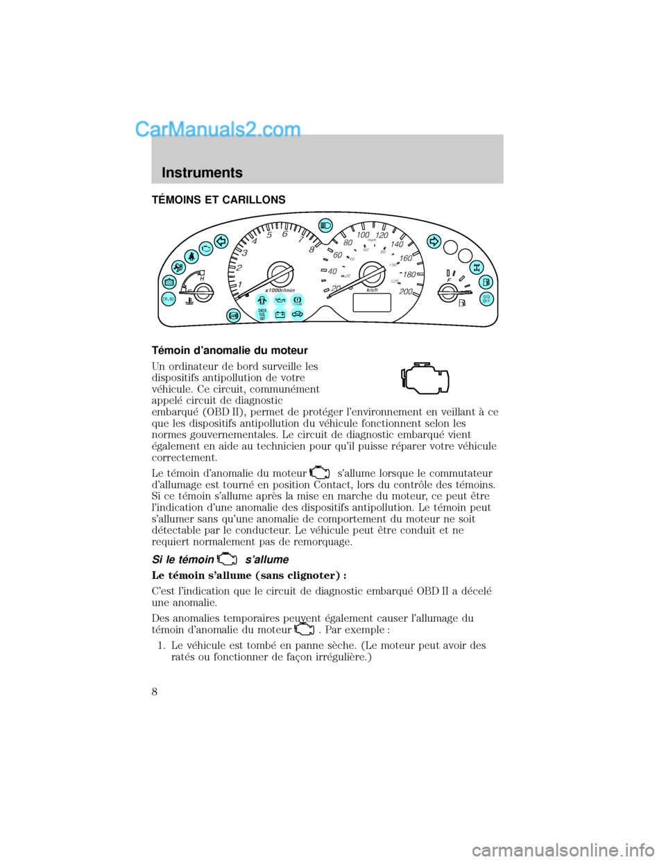 MAZDA MODEL TRIBUTE 2001 Manuel du propriétaire (in French) TˆMOINS ET CARILLONS
T×moin danomalie du moteur
Un ordinateur de bord surveille les
dispositifs antipollution de votre
v×hicule. Ce circuit, commun×ment
appel× circuit de diagnostic
embarqu× (O MAZDA MODEL TRIBUTE 2001 Manuel du propriétaire (in French) TˆMOINS ET CARILLONS
T×moin danomalie du moteur
Un ordinateur de bord surveille les
dispositifs antipollution de votre
v×hicule. Ce circuit, commun×ment
appel× circuit de diagnostic
embarqu× (O