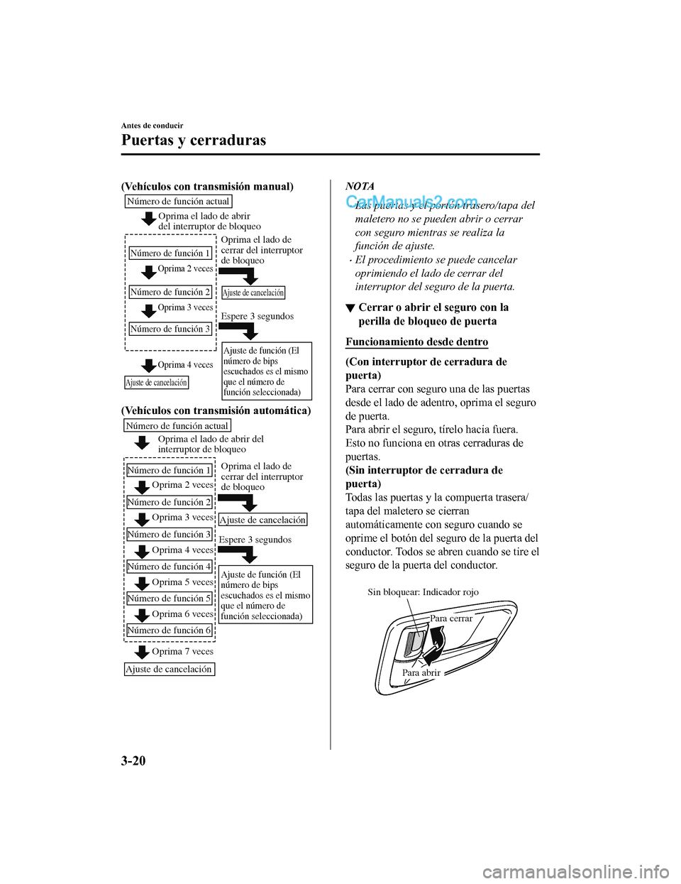 MAZDA MODEL 2 2020  Manual del propietario (in Spanish) (Vehículos con transmisión manual)
Oprima 2 veces
Oprima 3 veces
Número de función actual 
Número de función 1
Número de función 2
Número de función 3
Oprima 4 veces
Oprima el lado de abrir 