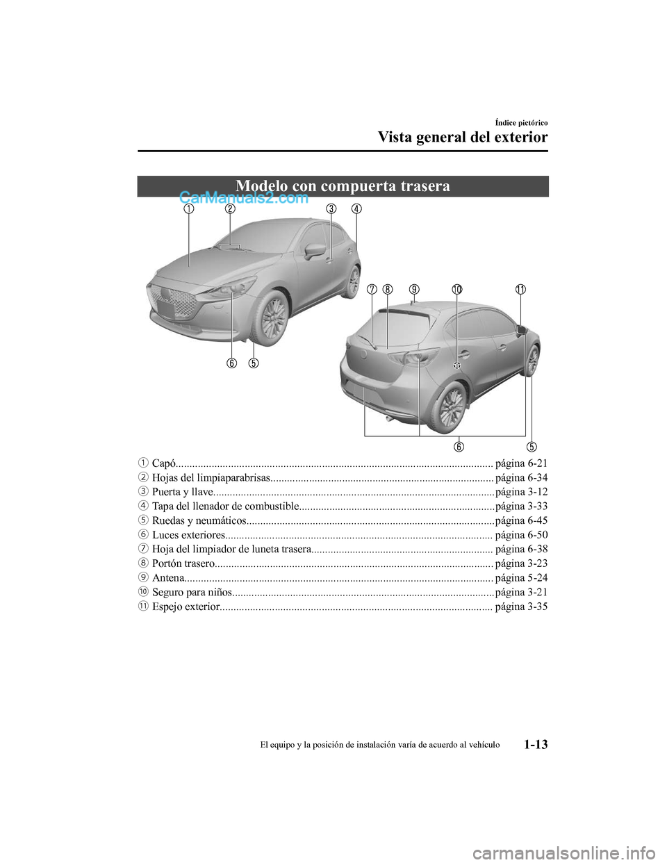 MAZDA MODEL 2 2020  Manual del propietario (in Spanish) Modelo con compuerta trasera
ƒCapó................................................................................................................... página  6-21
„ Hojas del limpiaparabrisas..