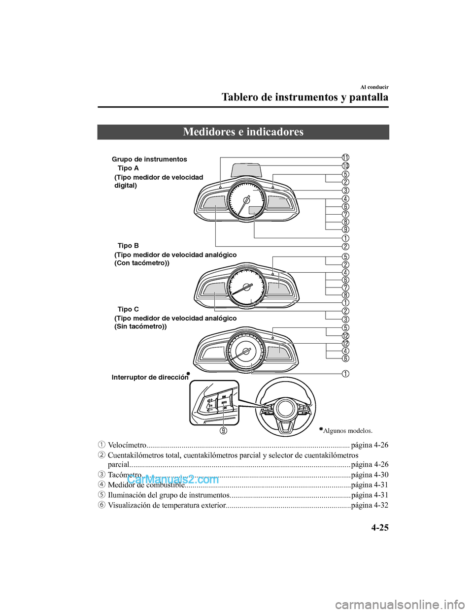 MAZDA MODEL 2 2020  Manual del propietario (in Spanish) Medidores e indicadores
 
Algunos modelos.
Tipo A
Tipo B 
Tipo C 
Interruptor de dirección (Tipo medidor de velocidad 
digital)
(Tipo medidor de velocidad analógico 
(Con tacómetro))
(Tipo medidor 
