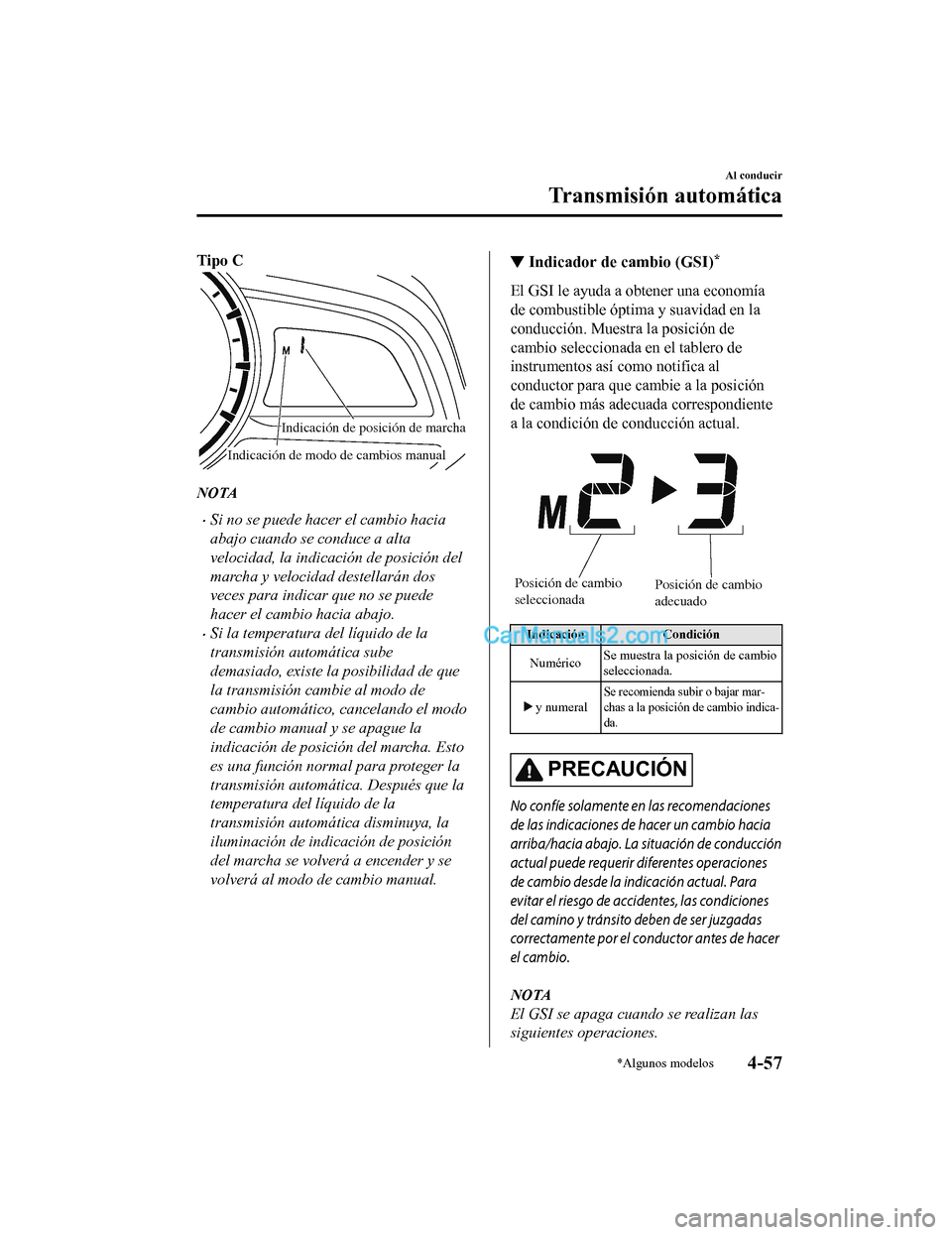 MAZDA MODEL 2 2020 Manual del propietario (in Spanish) Tipo C
Indicación de modo de cambios manual
Indicación de posición de marcha
NOTA
Si no se puede hacer el cambio hacia
abajo cuando se conduce a alta
velocidad, la indicación de posición del
m MAZDA MODEL 2 2020 Manual del propietario (in Spanish) Tipo C
Indicación de modo de cambios manual
Indicación de posición de marcha
NOTA
Si no se puede hacer el cambio hacia
abajo cuando se conduce a alta
velocidad, la indicación de posición del
m