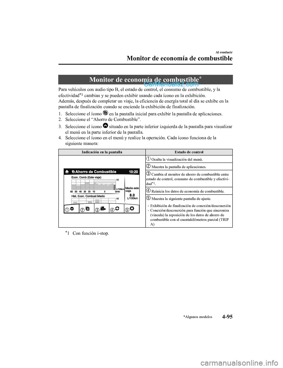 MAZDA MODEL 2 2020  Manual del propietario (in Spanish) Monitor de economía de combustible*
Para vehículos con audio tipo B, el estado de control, el consumo de combustible, y la
efectividad
*1 cambian y se pueden exhibir usando cada ícono en la exhibic