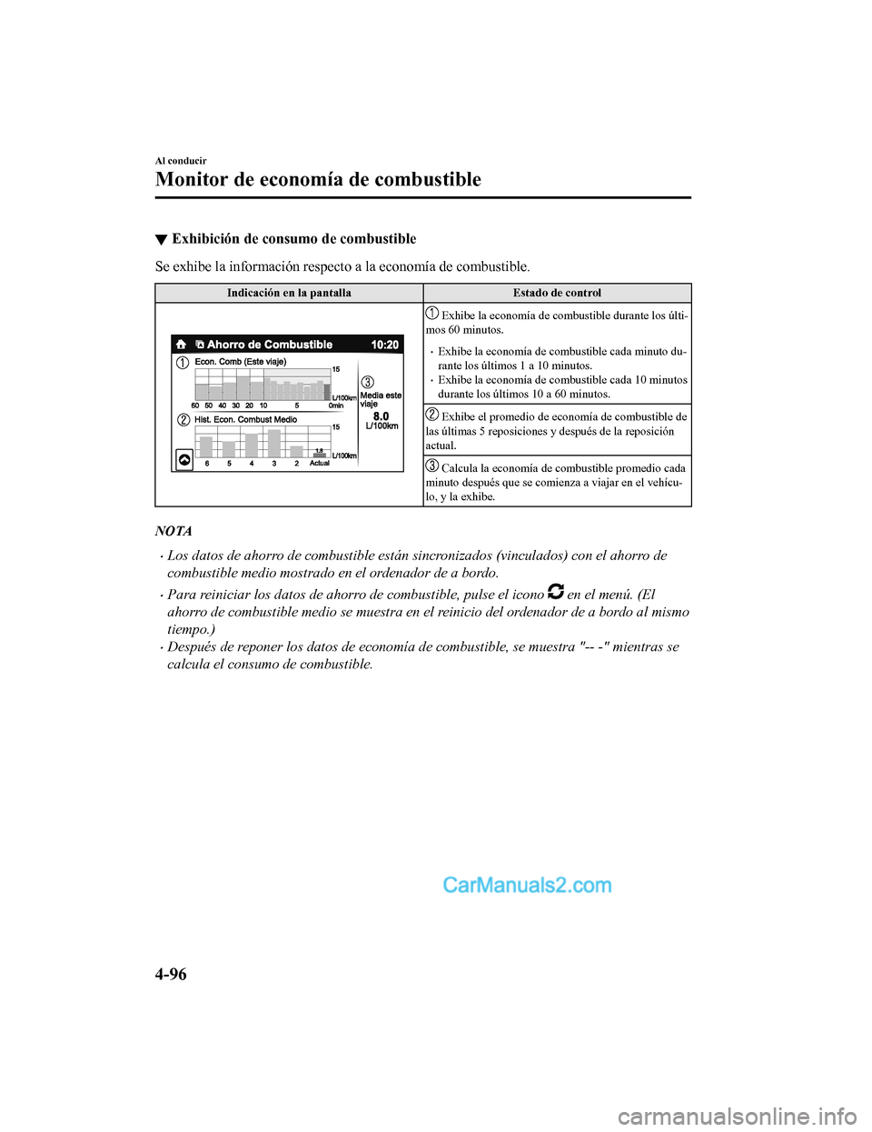 MAZDA MODEL 2 2020  Manual del propietario (in Spanish) ▼Exhibición de consumo de combustible
Se exhibe la información respecto a la economía de combustible.
Indicación en la pantalla
Estado de control
 Exhibe la economía de combustible durante los 