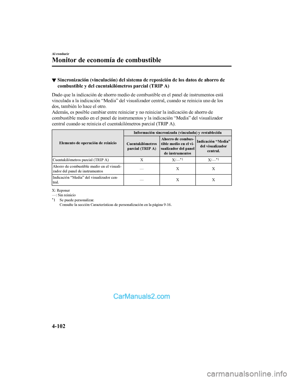 MAZDA MODEL 2 2020  Manual del propietario (in Spanish) ▼Sincronización (vinculación) del
 sistema de reposición de los datos de ahorro de
combustible y del cuentak ilómetros parcial (TRIP A)
Dado que la indicación de ahorro medio de combustible en 