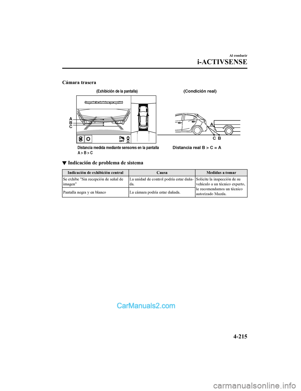 MAZDA MODEL 2 2020 Manual del propietario (in Spanish) Cámara trasera
(Condición real)
Distancia medida mediante sensores en la pantalla A > B > CDistancia real B > C = A A
A
B
B
C
C
(Exhibici MAZDA MODEL 2 2020 Manual del propietario (in Spanish) Cámara trasera
(Condición real)
Distancia medida mediante sensores en la pantalla A > B > CDistancia real B > C = A A
A
B
B
C
C
(Exhibici