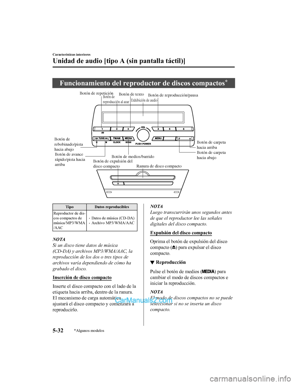 MAZDA MODEL 2 2020  Manual del propietario (in Spanish) Funcionamiento del reproductor de discos compactos*
Botón de expulsión del 
disco compactoRanura de disco compacto
Botón de medios/barrido
Botón de carpeta 
hacia abajo
Botón de carpeta 
hacia ar