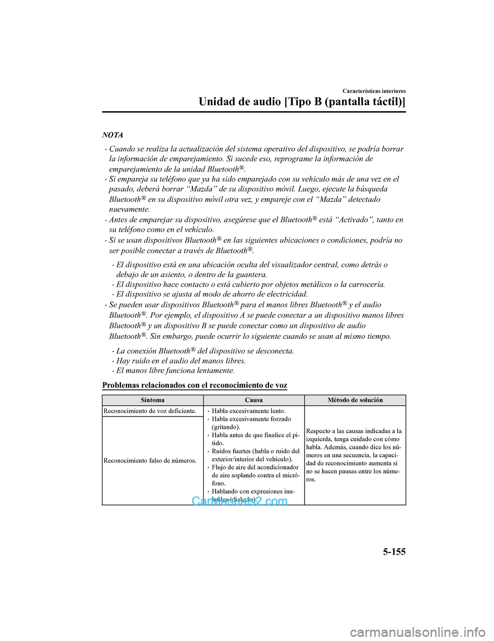 MAZDA MODEL 2 2020 Manual del propietario (in Spanish) NOTA
Cuando se realiza la actualización del sistema operativo del dispositivo, se podría borrar
la información de emparejamiento. Si sucede eso, reprograme la información de
emparejamiento de l MAZDA MODEL 2 2020 Manual del propietario (in Spanish) NOTA
Cuando se realiza la actualización del sistema operativo del dispositivo, se podría borrar
la información de emparejamiento. Si sucede eso, reprograme la información de
emparejamiento de l