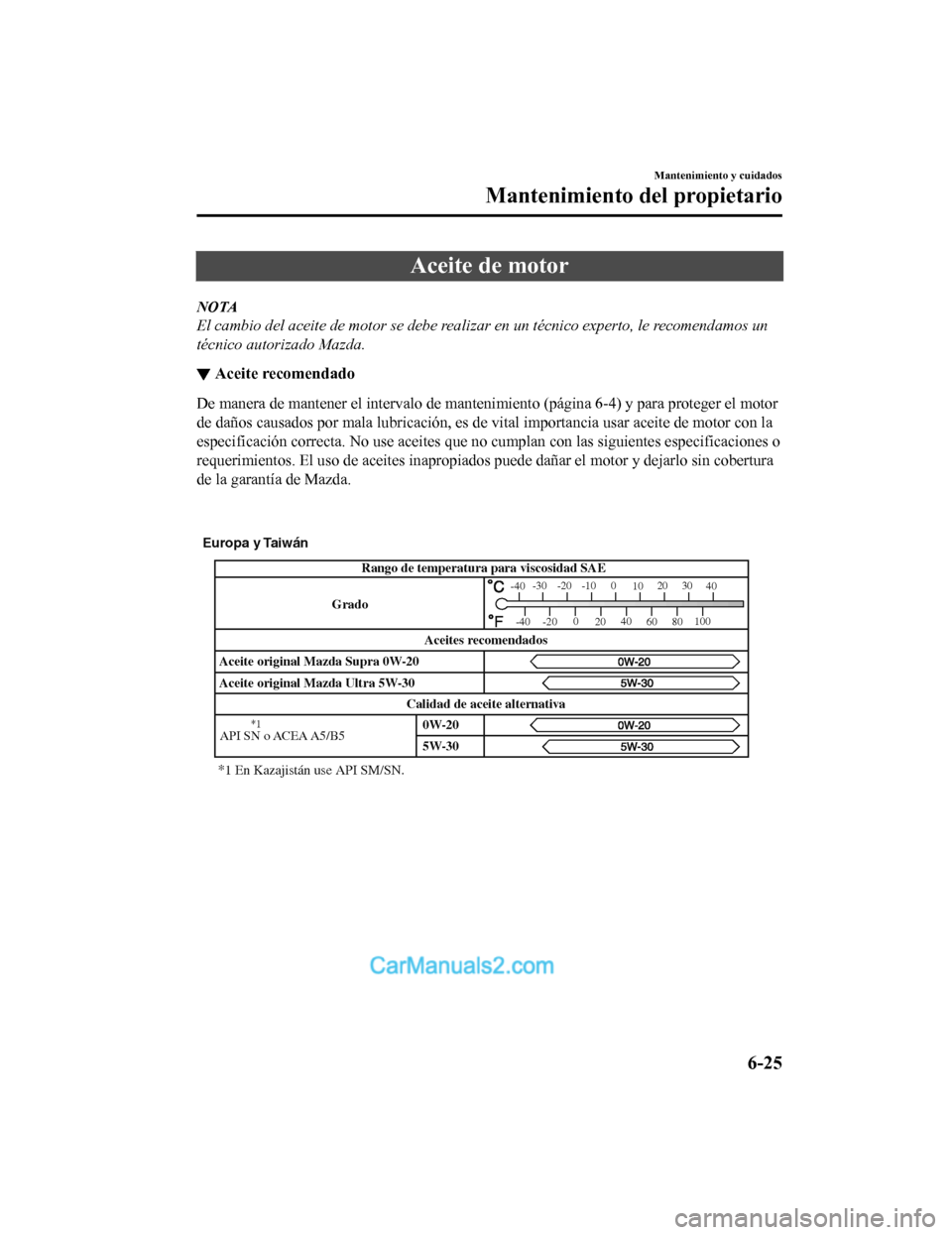 MAZDA MODEL 2 2020 Manual del propietario (in Spanish) Aceite de motor
NOTA
El cambio del aceite de motor se debe realizar en un técnico experto, le recomendamos un
técnico autorizado Mazda.
▼Aceite recomendado
De manera de mantener el interva
lo de m MAZDA MODEL 2 2020 Manual del propietario (in Spanish) Aceite de motor
NOTA
El cambio del aceite de motor se debe realizar en un técnico experto, le recomendamos un
técnico autorizado Mazda.
▼Aceite recomendado
De manera de mantener el interva
lo de m