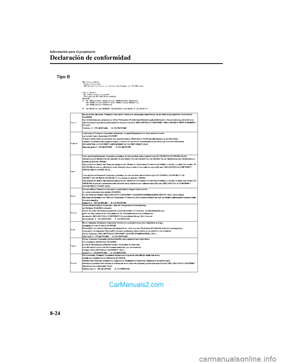 MAZDA MODEL 2 2020 Manual del propietario (in Spanish) Tipo B
Información para el propietario
Declaración de conformidad
8-24
Mazda2_8HV1-SP-19I_Edition1_old2019-7-5 15:50:41 MAZDA MODEL 2 2020 Manual del propietario (in Spanish) Tipo B
Información para el propietario
Declaración de conformidad
8-24
Mazda2_8HV1-SP-19I_Edition1_old2019-7-5 15:50:41