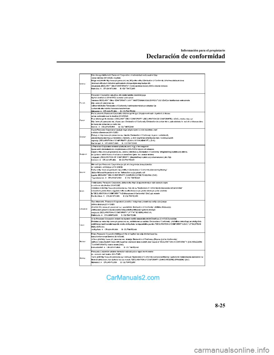 MAZDA MODEL 2 2020 Manual del propietario (in Spanish) Información para el propietario
Declaración de conformidad
8-25
Mazda2_8HV1-SP-19I_Edition1_old2019-7-5 15:50:41 MAZDA MODEL 2 2020 Manual del propietario (in Spanish) Información para el propietario
Declaración de conformidad
8-25
Mazda2_8HV1-SP-19I_Edition1_old2019-7-5 15:50:41