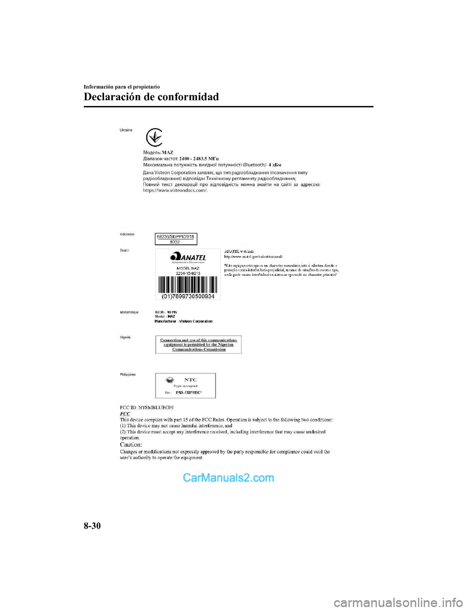 MAZDA MODEL 2 2020 Manual del propietario (in Spanish) Información para el propietario
Declaración de conformidad
8-30
Mazda2_8HV1-SP-19I_Edition1_old2019-7-5 15:50:41 MAZDA MODEL 2 2020 Manual del propietario (in Spanish) Información para el propietario
Declaración de conformidad
8-30
Mazda2_8HV1-SP-19I_Edition1_old2019-7-5 15:50:41