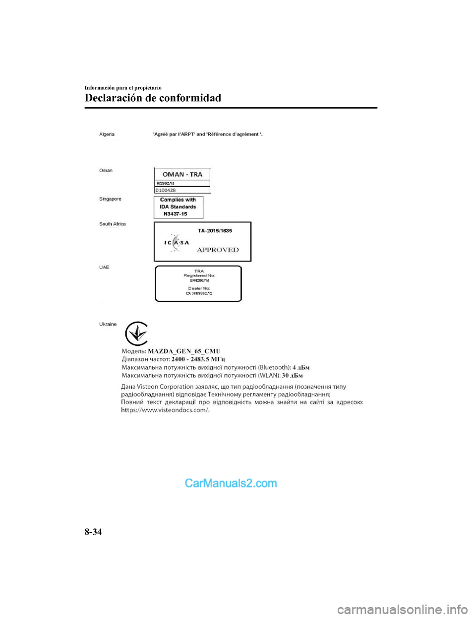 MAZDA MODEL 2 2020  Manual del propietario (in Spanish) Información para el propietario
Declaración de conformidad
8-34
Mazda2_8HV1-SP-19I_Edition1_old2019-7-5 15:50:41  