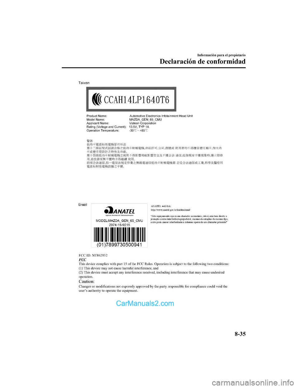 MAZDA MODEL 2 2020  Manual del propietario (in Spanish) Información para el propietario
Declaración de conformidad
8-35
Mazda2_8HV1-SP-19I_Edition1_old2019-7-5 15:50:41  