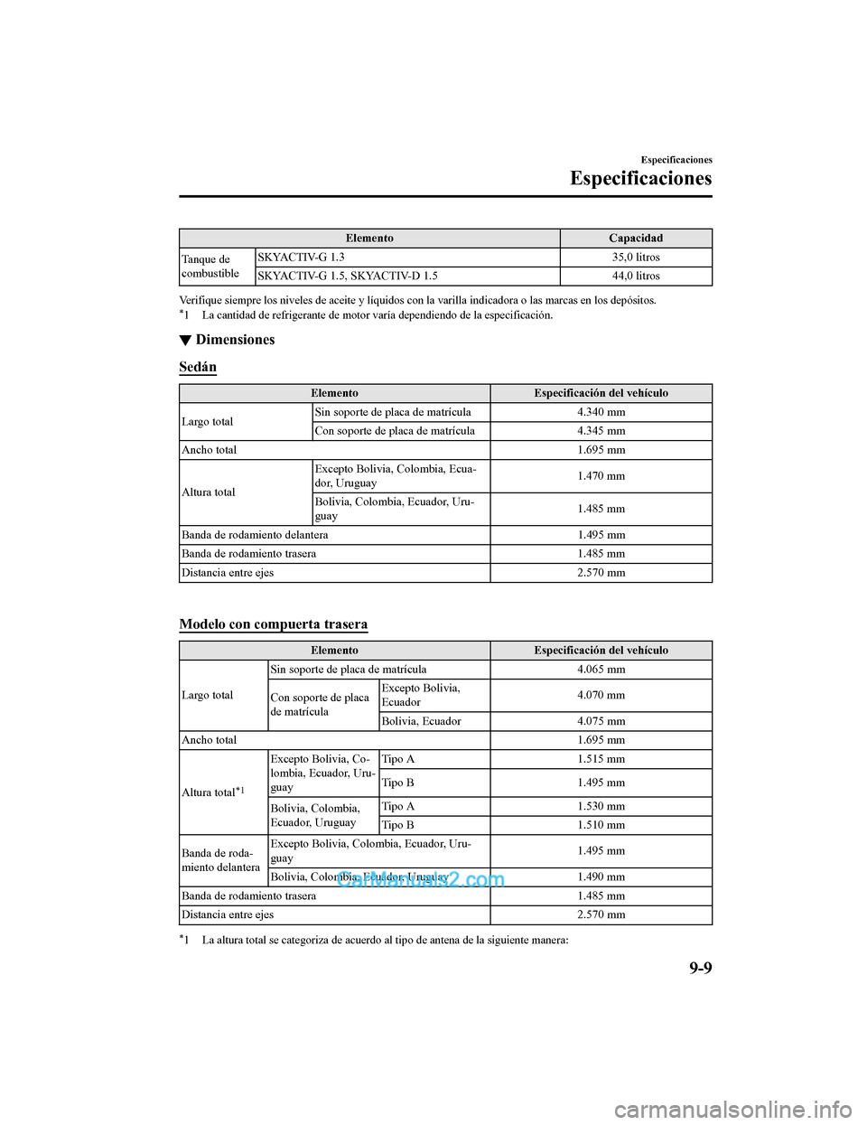 MAZDA MODEL 2 2020 Manual del propietario (in Spanish) ElementoCapacidad
Tanque de
combustible SKYACTIV-G 1.3
35,0 litros
SKYACTIV-G 1.5, SKYACTIV-D 1.5 44,0 litros
Verifique siempre los niveles de aceite y líquidos con la varil la indicadora o las marca MAZDA MODEL 2 2020 Manual del propietario (in Spanish) ElementoCapacidad
Tanque de
combustible SKYACTIV-G 1.3
35,0 litros
SKYACTIV-G 1.5, SKYACTIV-D 1.5 44,0 litros
Verifique siempre los niveles de aceite y líquidos con la varil la indicadora o las marca