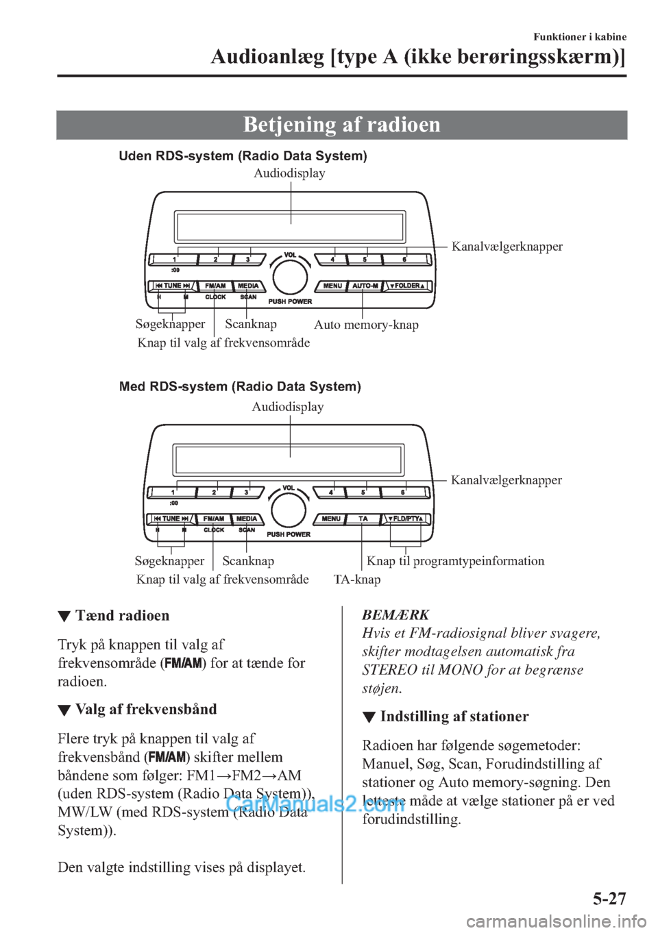 MAZDA MODEL 2 2019  Instruktionsbog (in Danish) �%�H�W�M�H�Q�L�Q�J��D�I��U�D�G�L�R�H�Q
Uden RDS-system (Radio Data System)
Med RDS-system (Radio Data System)
Knap til valg af frekvensområde TA-knapKanalvælgerknapper
Scanknap
Søgeknapper Knap t