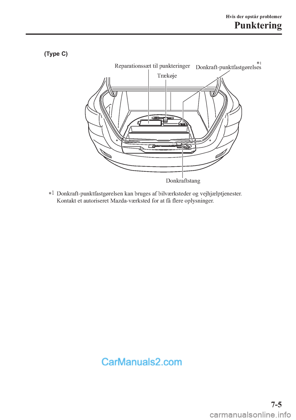 MAZDA MODEL 2 2019  Instruktionsbog (in Danish) (Type C)
Donkraftstang Trækøje
Reparationssæt til punkteringerDonkraft-punktfastgørelses*1
*1
Donkraft-punktfastgørelsen kan bruges af bilværksteder og vejhjælptjenester. 
Kontakt et autorisere