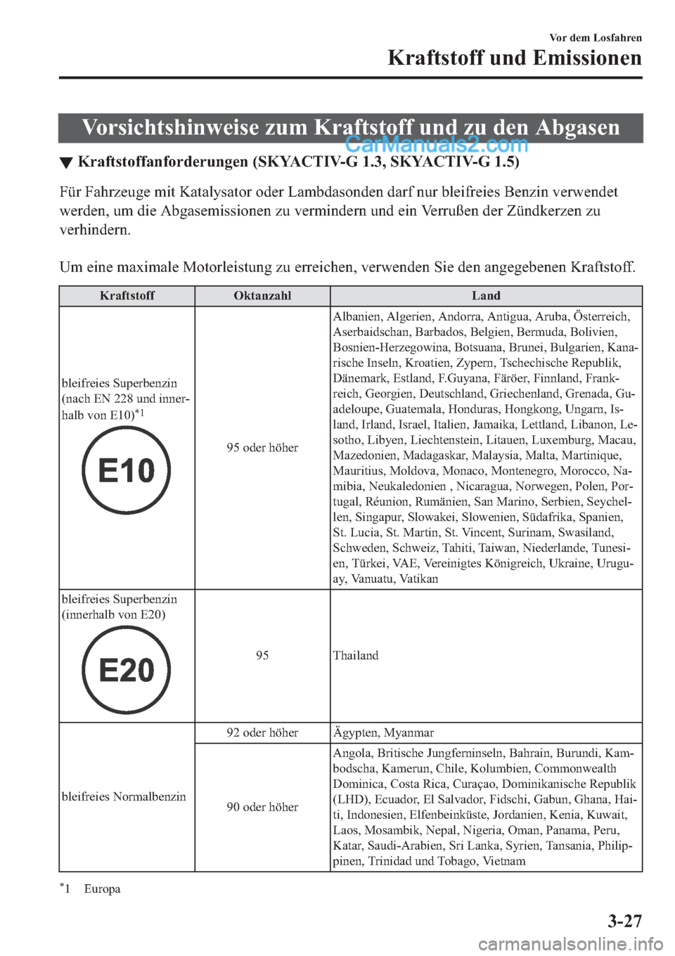 MAZDA MODEL 2 2019  Betriebsanleitung (in German) �9�R�U�V�L�F�K�W�V�K�L�Q�Z�H�L�V�H��]�X�P��.�U�D�I�W�V�W�R�I�I��X�Q�G��]�X��G�H�Q��$�E�J�D�V�H�Q
▼�.�U�D�I�W�V�W�R�I�I�D�Q�I�R�U�G�H�U�X�Q�J�H�Q���6�.�<�$�&�7�,�9��*�������6�.�<�$�&�7