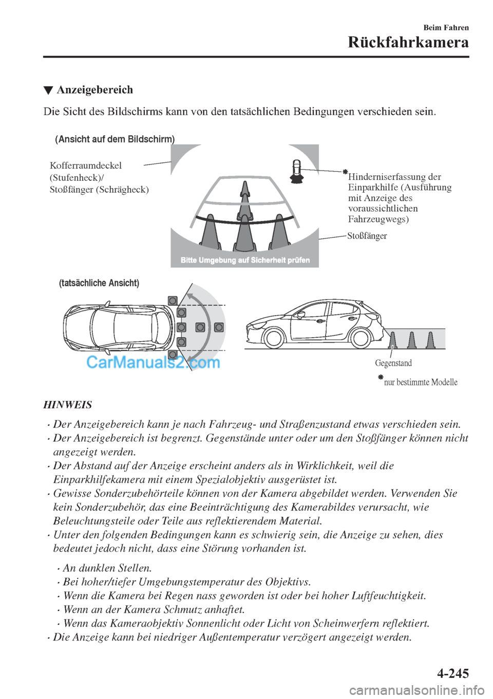 MAZDA MODEL 2 2019  Betriebsanleitung (in German) ▼�$�Q�]�H�L�J�H�E�H�U�H�L�F�K
��L�H��6�L�F�K�W��G�H�V��%�L�O�G�V�F�K�L�U�P�V��N�D�Q�Q��Y�R�Q��G�H�Q��W�D�W�V�l�F�K�O�L�F�K�H�Q��%�H�G�L�Q�J�X�Q�J�H�Q��Y�H�U�V�F�K�L�H�G�H�Q��V�H�L�Q�
�
