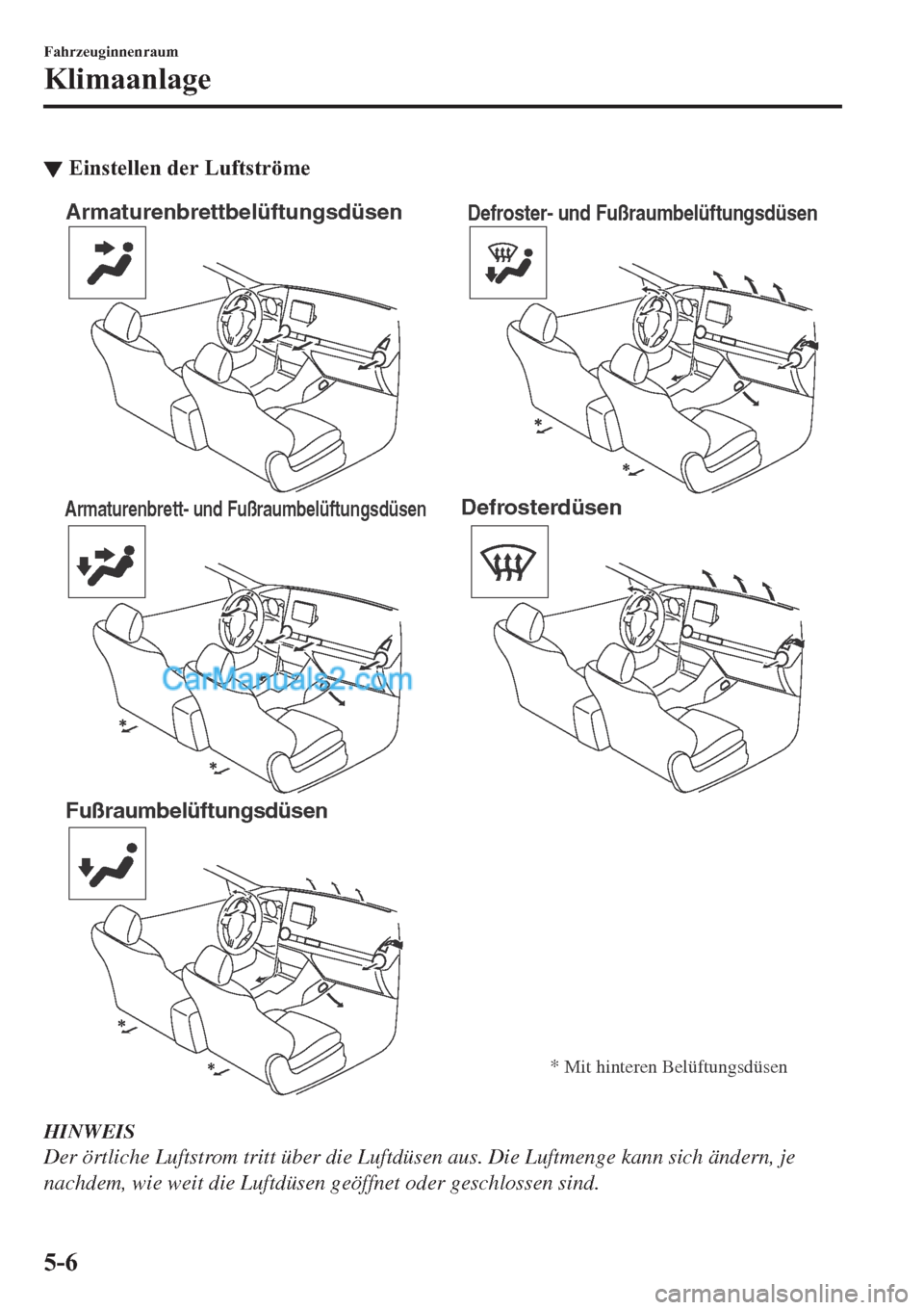 MAZDA MODEL 2 2019  Betriebsanleitung (in German) ▼�(�L�Q�V�W�H�O�O�H�Q��G�H�U��/�X�I�W�V�W�U�|�P�H
Armaturenbrettbelüftungsdüsen
Armaturenbrett- und Fußraumbelüftungsdüsen
Fußraumbelüftungsdüsen
Defroster- und Fußraumbelüftungsdüsen
D