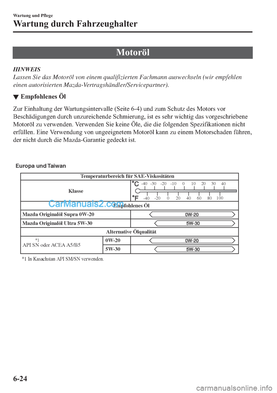 MAZDA MODEL 2 2019  Betriebsanleitung (in German) �0�R�W�R�U�|�O
HINWEIS
Lassen Sie das Motoröl von einem qualifizierten Fachmann auswechseln (wir empfehlen
einen autorisierten Mazda-Vertragshändler/Servicepartner).
▼�(�P�S�I�R�K�O�H�Q�H�V��g�O
