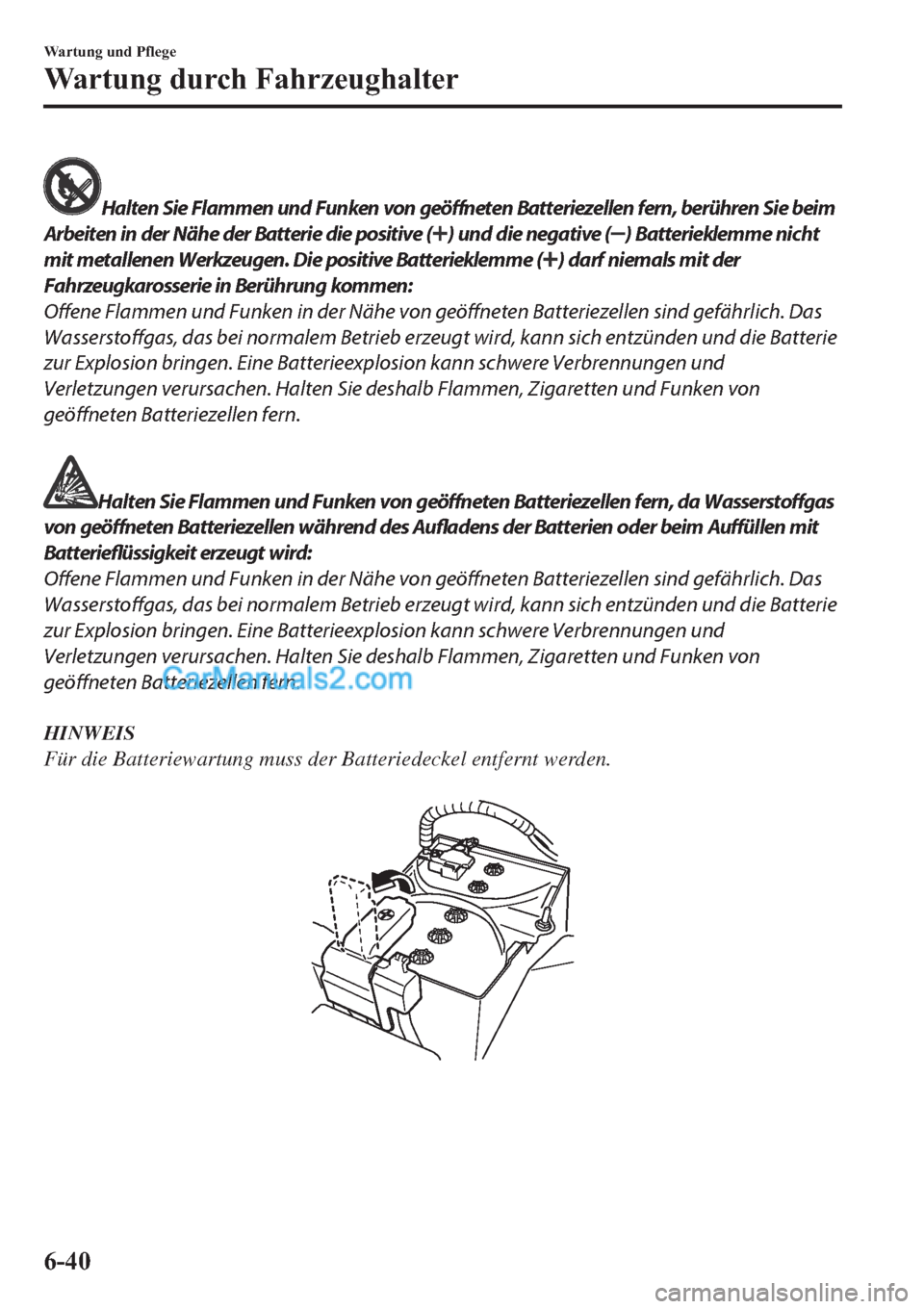 MAZDA MODEL 2 2019  Betriebsanleitung (in German) Halten Sie Flammen und Funken von geöffneten Batteriezellen fern, berühren Sie beim
Arbeiten in der Nähe der Batterie die positive (
) und die negative () Batterieklemme nicht
mit metallenen Werkze
