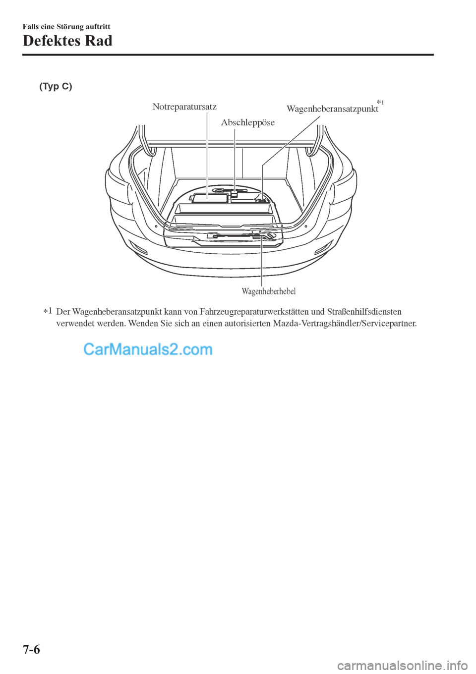 MAZDA MODEL 2 2019  Betriebsanleitung (in German) (Typ C)
Wagenheberhebel
Abschleppöse
NotreparatursatzWagenheberansatzpunkt*1
*1Der Wagenheberansatzpunkt kann von Fahrzeugreparaturwerkstätten und Straßenhilfsdiensten 
verwendet werden. Wenden Sie